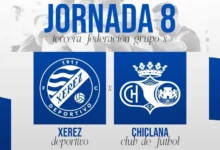 Cartel de la jornada 8 de Tercera Federación con los escudos del Xerez Deportivo FC y el Chiclana CF sobre fondo blanco y azul.