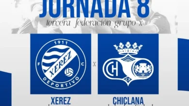 Cartel de la jornada 8 de Tercera Federación con los escudos del Xerez Deportivo FC y el Chiclana CF sobre fondo blanco y azul.