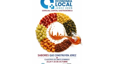 Cartel de la Feria de Economía Local Jerez 2026 con alimentos, una copa de vino, fechas y referencias a la Capital Gastronómica.