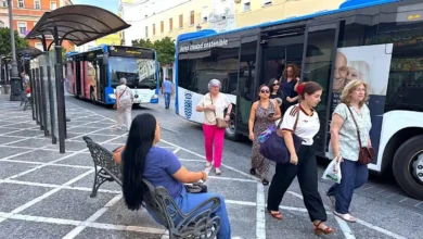 Autobuses urbanos estacionados junto a una parada en una zona céntrica de Jerez