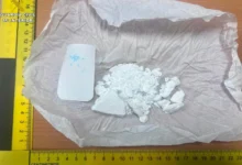 Fragmentos blancos sobre una bolsa de plástico junto a una regla amarilla de medición y una pieza rectangular blanca.