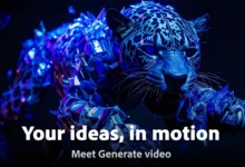 Felino de aspecto digital iluminado en tonos azules y violetas, con una pata adelantada y texto promocional en inglés.
