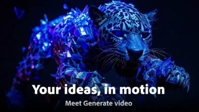 Felino de aspecto digital iluminado en tonos azules y violetas, con una pata adelantada y texto promocional en inglés.