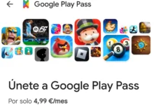 Captura de Google Play Pass con varios iconos de videojuegos, el mensaje Únete a Google Play Pass y el precio de 4,99 euros al mes.