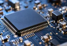 Primer plano extremo de un microchip sobre una placa electrónica con conexiones y componentes visibles, asociado al desarrollo de inteligencia artificial.