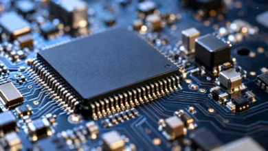 Primer plano extremo de un microchip sobre una placa electrónica con conexiones y componentes visibles, asociado al desarrollo de inteligencia artificial.