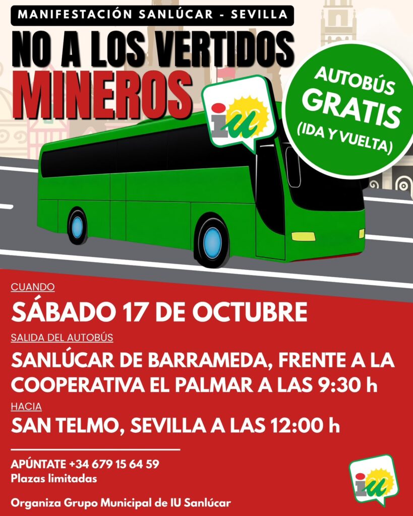 Cartel gráfico de una manifestación entre Sanlúcar y Sevilla contra los vertidos mineros, con un autobús verde.
