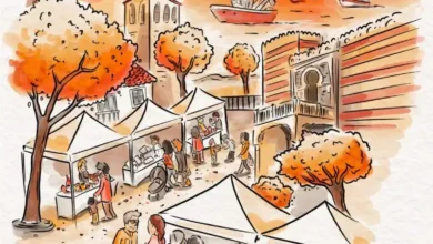 Cartel ilustrado del Mercado de Otoño de Artesanos de Sanlúcar con puestos, árboles y paisaje de la ciudad