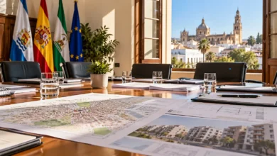 Propuesta visual de una mesa de trabajo institucional sobre vivienda en Jerez con documentos y planos urbanos.