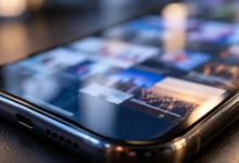 Primer plano de un teléfono móvil con una pantalla abstracta de contenido digital y detalles de sus componentes.