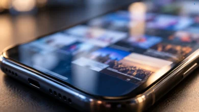 Primer plano de un teléfono móvil con una pantalla abstracta de contenido digital y detalles de sus componentes.
