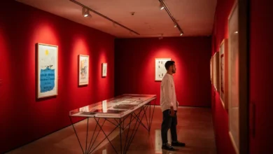 Sala de exposición con paredes rojas, obras enmarcadas y vitrinas con material documental