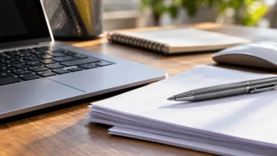 Primer plano de un teclado, documentos de trabajo y un bolígrafo sobre una mesa de oficina.