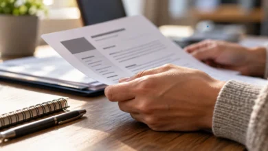 Primer plano de una mano sujetando un currículum impreso junto a una libreta y un bolígrafo sobre una mesa de trabajo.