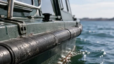 Detalle de una patrullera marítima junto al agua, con elementos metálicos y superficie naval enfocados en primer plano.