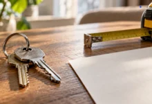 Primer plano de unas llaves de vivienda sobre una superficie de madera junto a una hoja de papel sin texto y una cinta métrica.