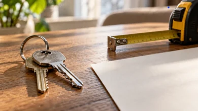 Primer plano de unas llaves de vivienda sobre una superficie de madera junto a una hoja de papel sin texto y una cinta métrica.