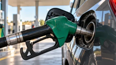 Primer plano del boquerel de un surtidor de gasolina introducido en la boca de llenado de un vehículo, con detalles metálicos y de goma.