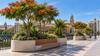 Propuesta visual de nuevas jardineras con árboles y bancos en el puente de Tetuán de Málaga