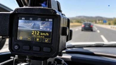 Primer plano de un dispositivo de medición de velocidad con detalles de su lente y carcasa.