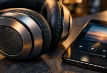 Primer plano de unos auriculares de audio junto a un reproductor musical digital en una superficie oscura.