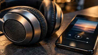 Primer plano de unos auriculares de audio junto a un reproductor musical digital en una superficie oscura.