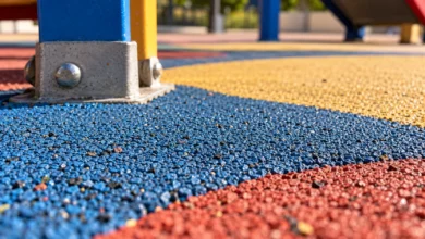 Primer plano de un pavimento continuo de caucho de colores junto a la base metálica de un juego infantil.