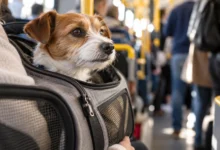 Primer plano de un transportín de mascotas cerrado, con rejilla de ventilación y asa, junto a elementos del interior de un autobús.