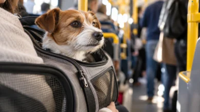 Primer plano de un transportín de mascotas cerrado, con rejilla de ventilación y asa, junto a elementos del interior de un autobús.