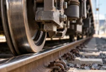 Primer plano de una rueda ferroviaria y los elementos metálicos de un tren de Cercanías, con la vía desenfocada al fondo.