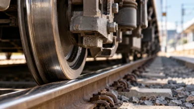 Primer plano de una rueda ferroviaria y los elementos metálicos de un tren de Cercanías, con la vía desenfocada al fondo.