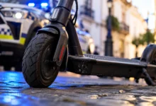 Patinete eléctrico tumbado sobre el pavimento, con luces azules de un vehículo policial desenfocado al fondo.