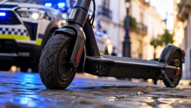 Patinete eléctrico tumbado sobre el pavimento, con luces azules de un vehículo policial desenfocado al fondo.