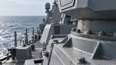 Primer plano de una estructura naval de acero gris con pernos metálicos, juntas y detalles de superficie junto al mar.
