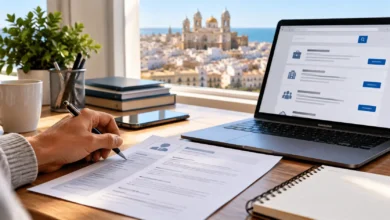 Imagen conceptual de una persona revisando ofertas de empleo y un currículum en una mesa de trabajo, sin mostrar el rostro.