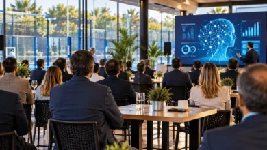 Propuesta visual de una jornada de networking empresarial en un club de pádel moderno de Jerez, con mesas de reunión y una presentación sobre inteligencia artificial.