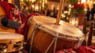 Primer plano de una zambomba tradicional con su membrana, varilla central y materiales artesanales en un ambiente navideño.