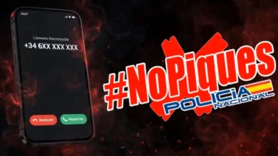 Composición gráfica con un teléfono móvil mostrando una llamada entrante y el mensaje No Piques junto al logotipo de la Policía Nacional
