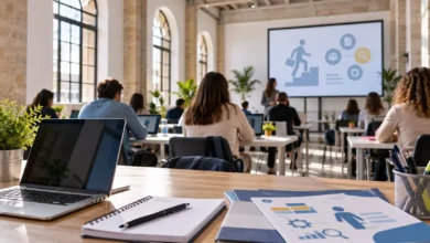 Aula de formación con personas sentadas frente a una pantalla y ordenadores portátiles